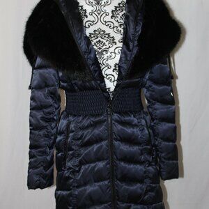 LAUNDRY Shelli Segal Los Angeles Stadium Puffer BLUE w/ Faux Fur Small S NWOT's